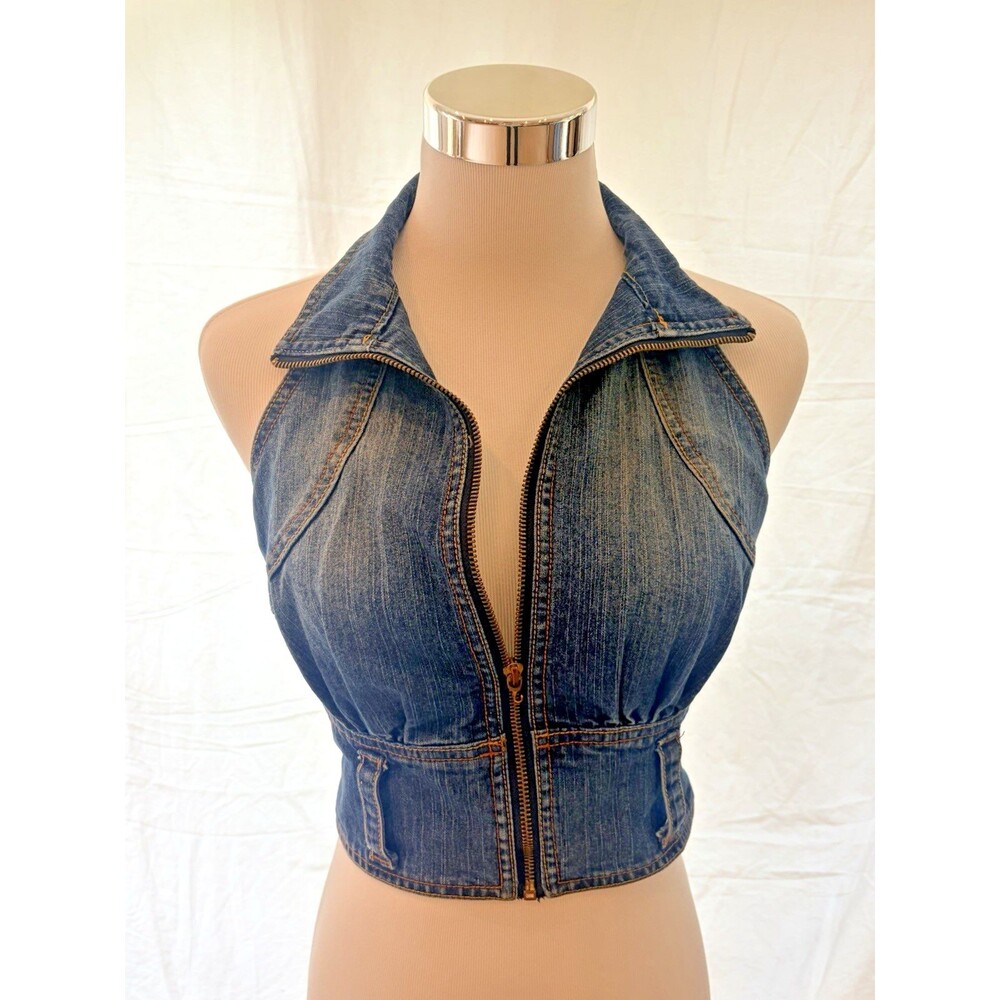 Fabulosity Denim Halter Top Zip Front Crop Corset Vest Light Blue Small